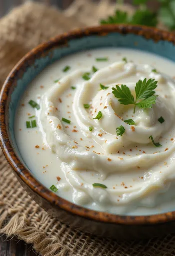 Salsa de crema y eneldo servida con verduras y pescado