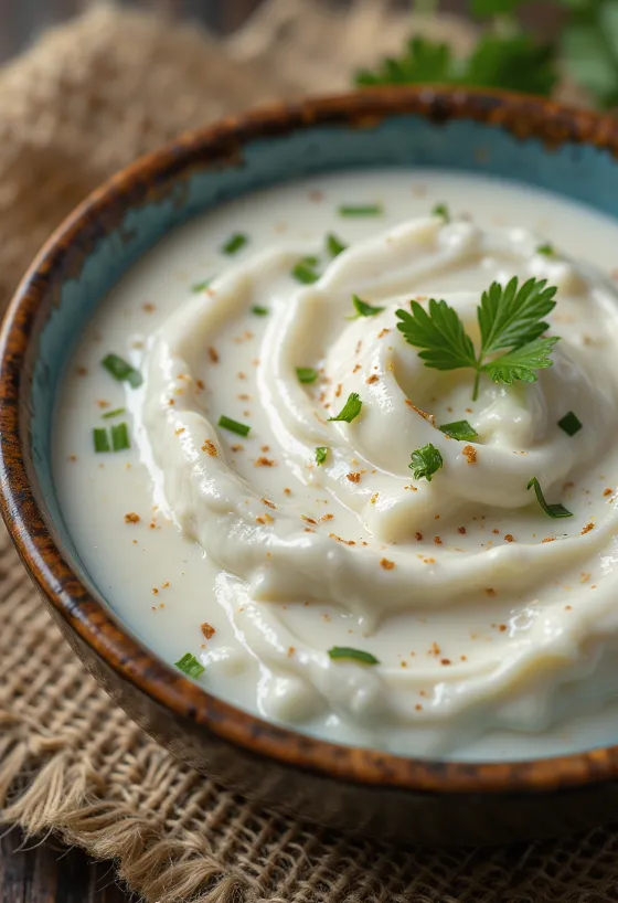 Salsa de crema y eneldo servida con verduras y pescado