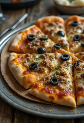 Pizza estilo libio con carne especiada y aceitunas