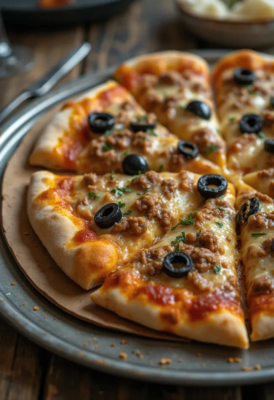 Pizza estilo libio con carne especiada y aceitunas