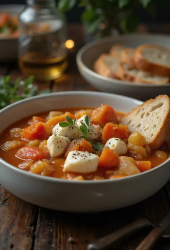 Lecsó de verduras fresco con requesón servido, en plato claro, con trozos de pimiento, calabacita y jitomate