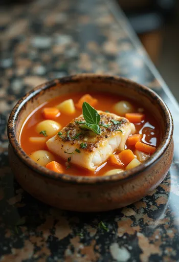 Sopa de pescado Psarosoupa servida con hoja de laurel