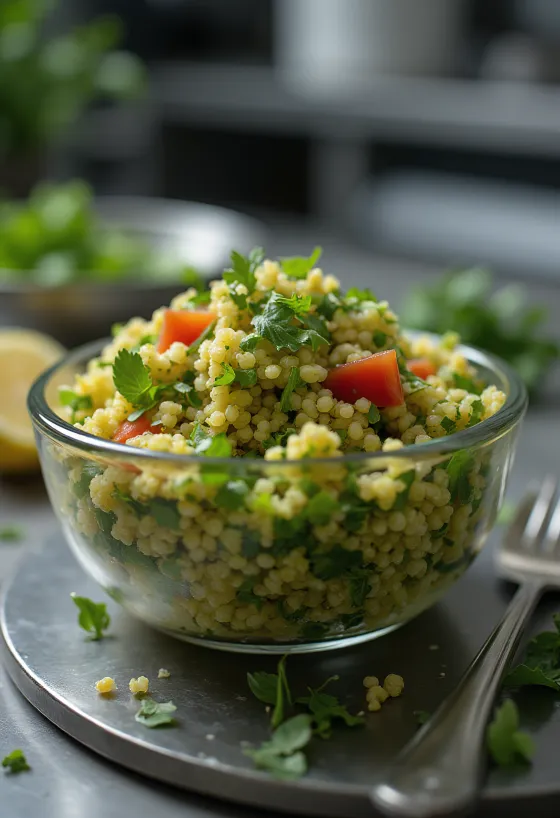 Tabbouleh de quinoa servido con hierbas frescas