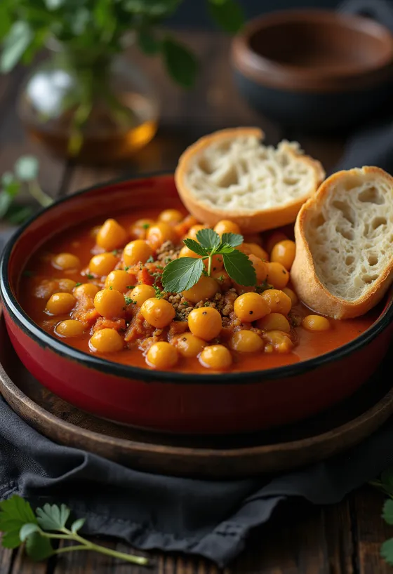 Estofado vegano de garbanzos servido con perejil fresco.