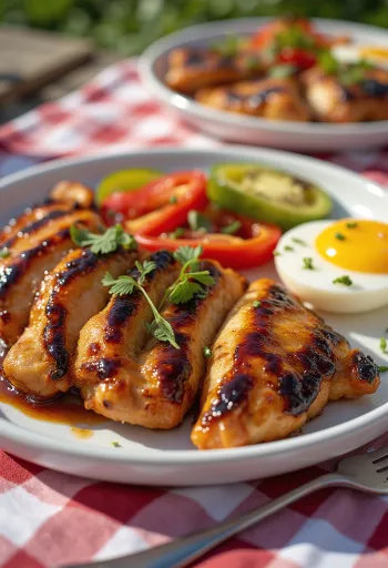 Pechuga de pollo BBQ con verduras asadas servida