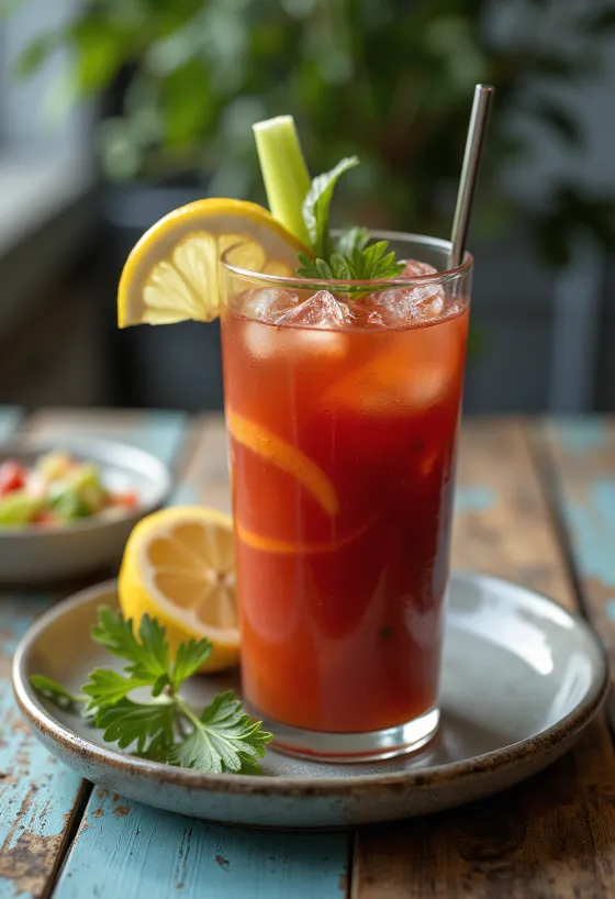 Cóctel Bloody Mary decorado con vara de apio y rodaja de limón