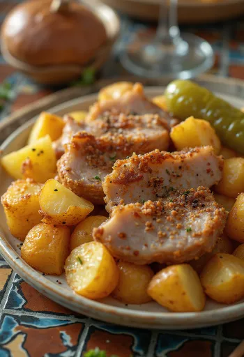 Asado Brassói de cerdo recién hecho con cubos de papa y especias.