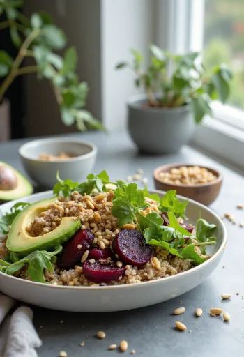 Buddha bowl de quinoa y betabel con semillas tostadas