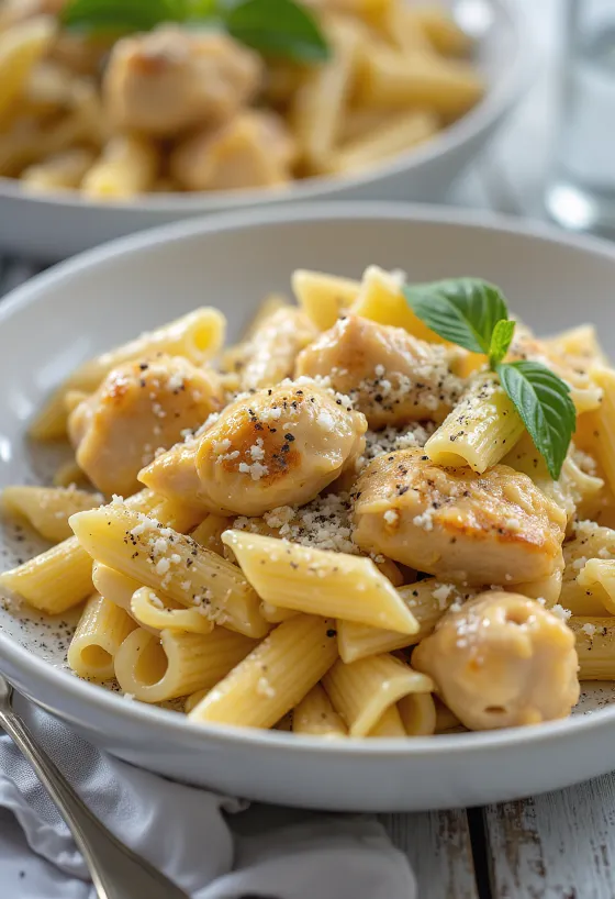 Pasta con pollo en salsa cremosa y hierbas frescas