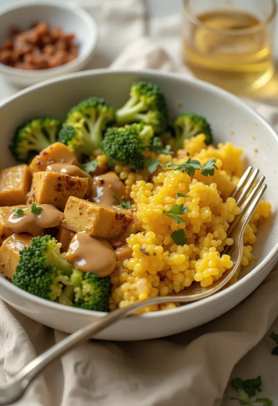 Buddha bowl de quinoa al curry con tofu y tahini servido