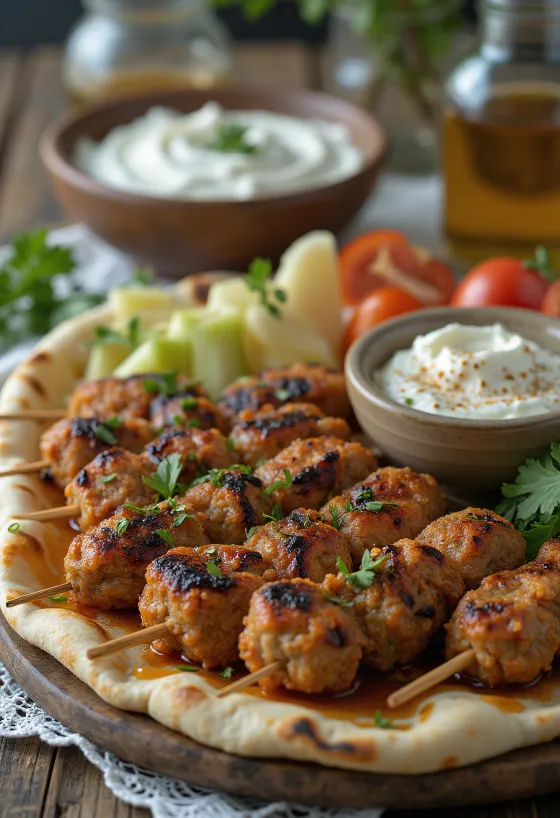 Kafta servida con pan pita fresco y ensalada