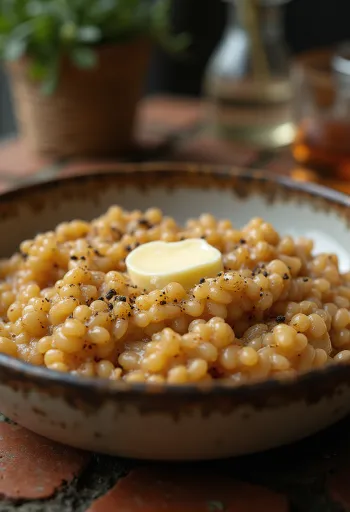 Kasha especiada, servido en un plato sencillo, se ve bien el kasha