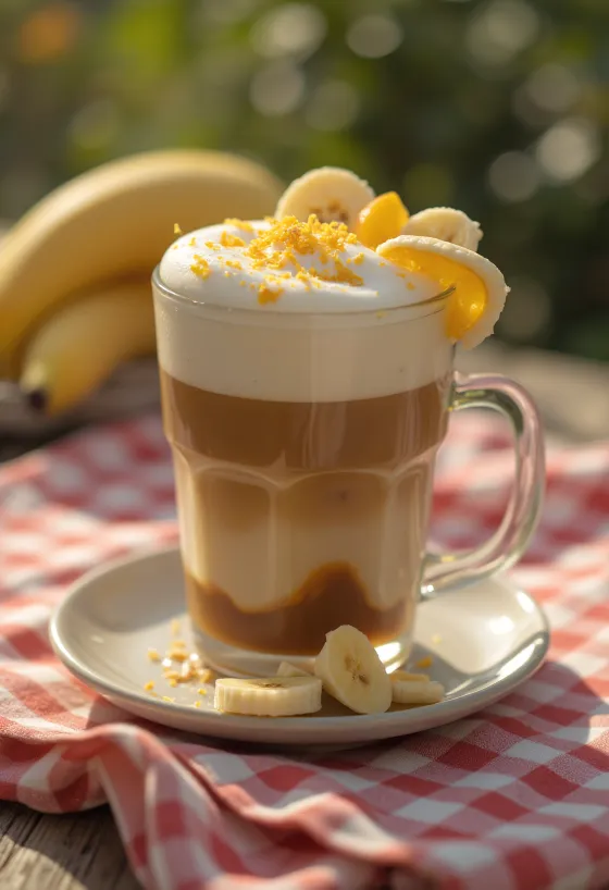 Latte de naranja y plátano bebida cremosa de café decorada con ralladura de naranja