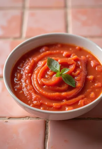 Tazón con salsa de tomate y pimiento rojo recién hecha