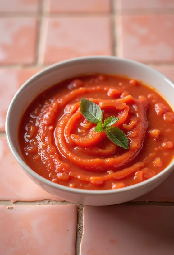 Tazón con salsa de tomate y pimiento rojo recién hecha