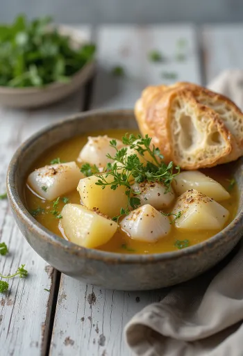 Plato de sopa de pescado con trozos visibles de papa y zanahoria