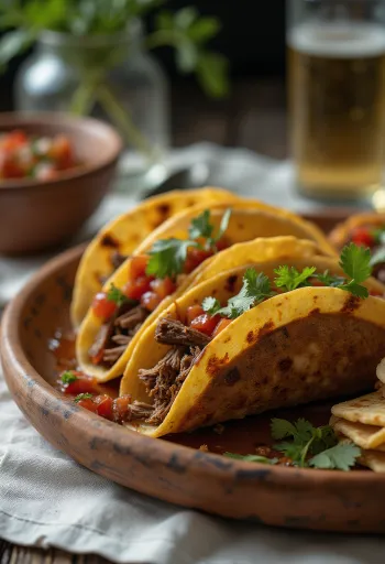 Tacos de Res con Salsa Chipotle servidos