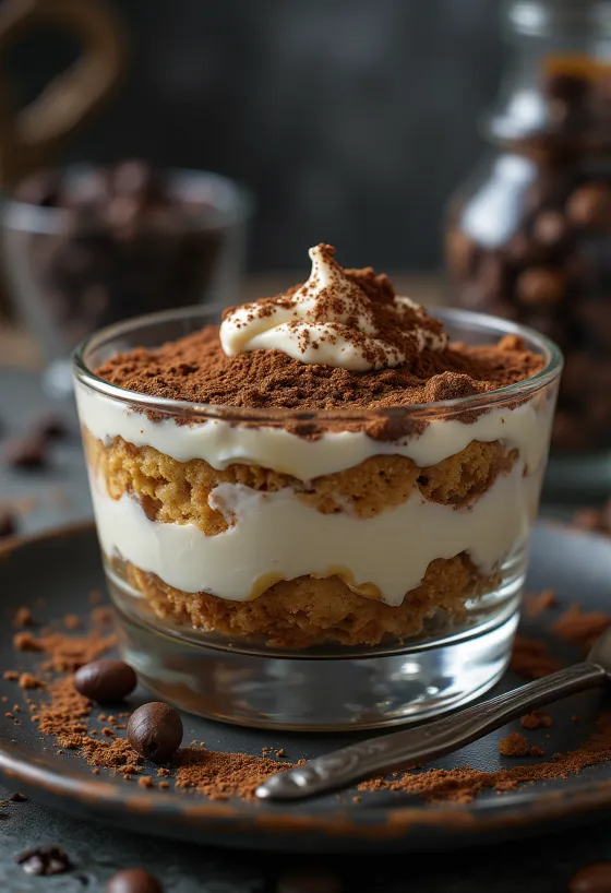 Tiramisú clásico con soletas en capas y espolvoreado con cacao