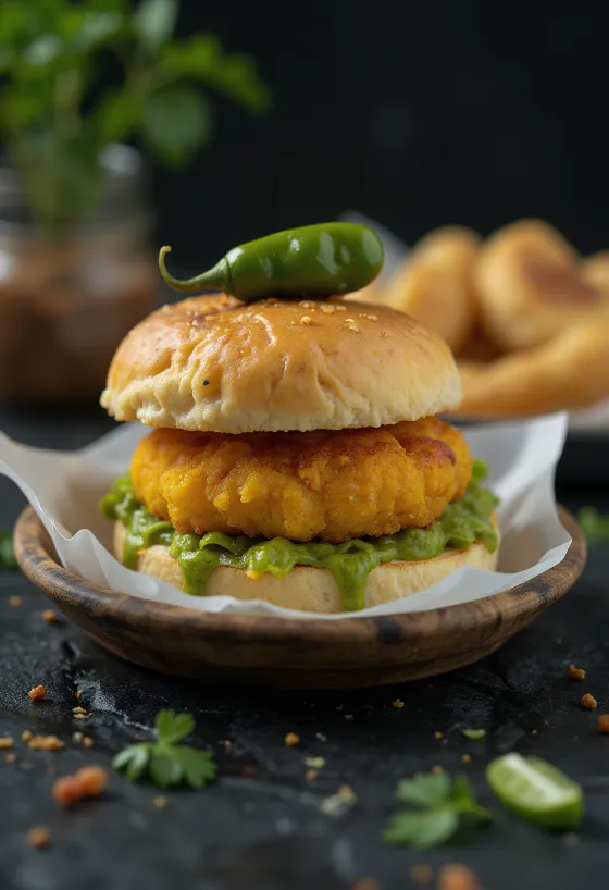 Vada Pav relleno de carne servido