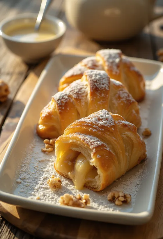 Strudel de manzana crujiente relleno de manzana fresca y espolvoreado con azúcar glass
