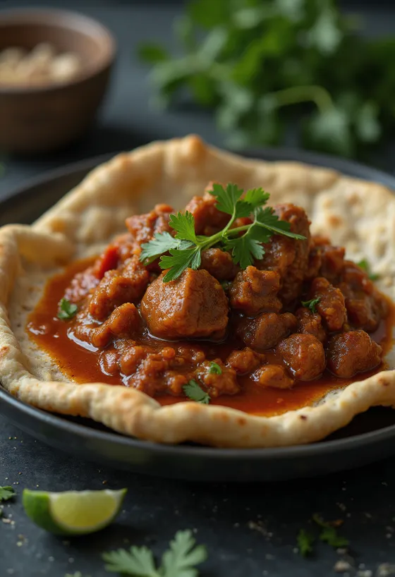 Estofado de cordero etíope con berbere servido con pan injera