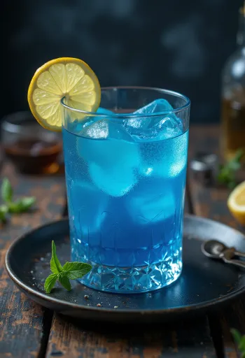 Cóctel Blue Lagoon decorado con rodaja de limón y cereza