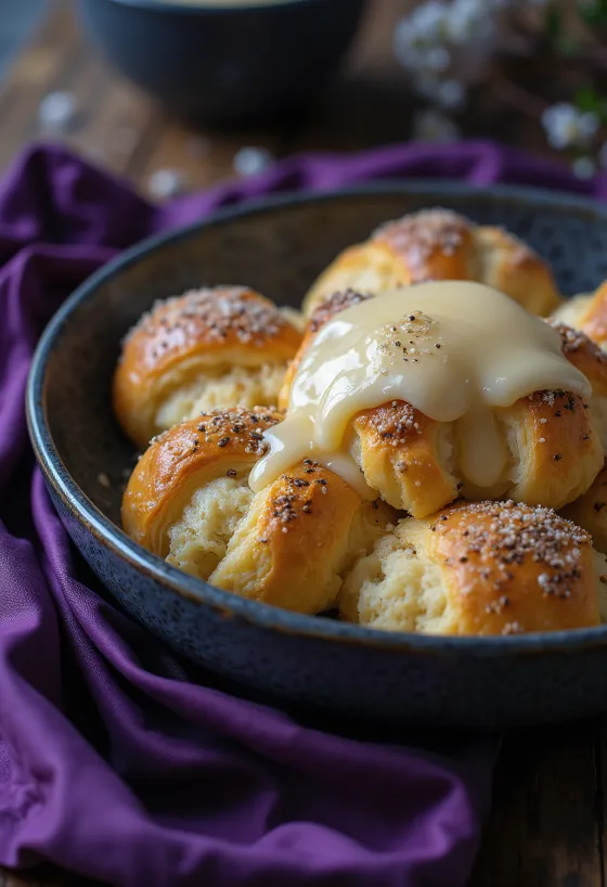 Mákos guba espolvoreado con azúcar glass, servido con salsa de vainilla