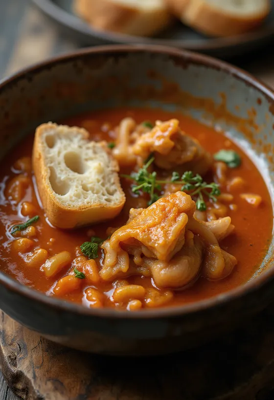 Estofado de panza con salsa especiada y jugosa, servido con pan fresco