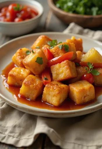 Tofu frito crujiente servido con salsa agridulce