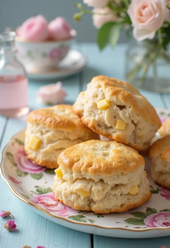 Scone de agua de rosas y mazapán servido