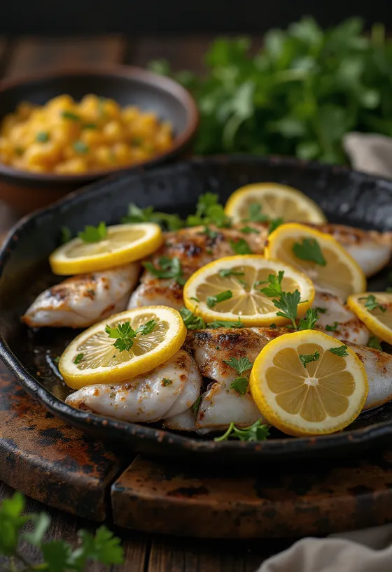 Samak Mashwi servido al limón, pescado a la parrilla con limón fresco y cilantro