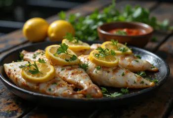 Samak Mashwi servido al limón, pescado a la parrilla con limón fresco y cilantro