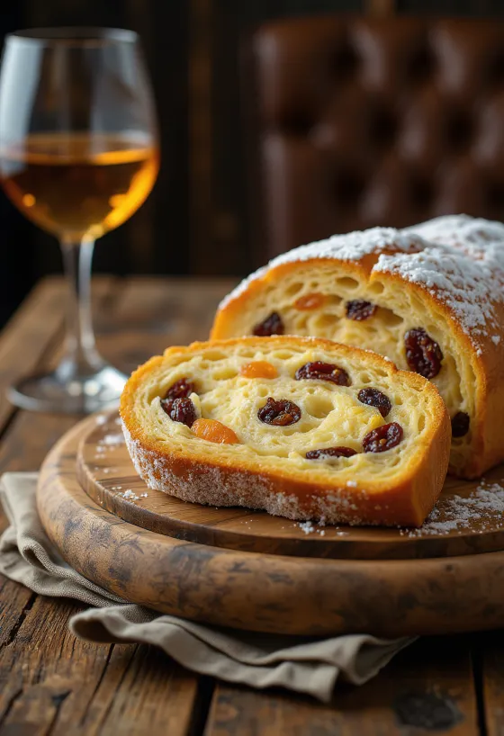 Stollen de vino Tokaji y vainilla rebanado, espolvoreado con azúcar glass, sobre tabla rústica