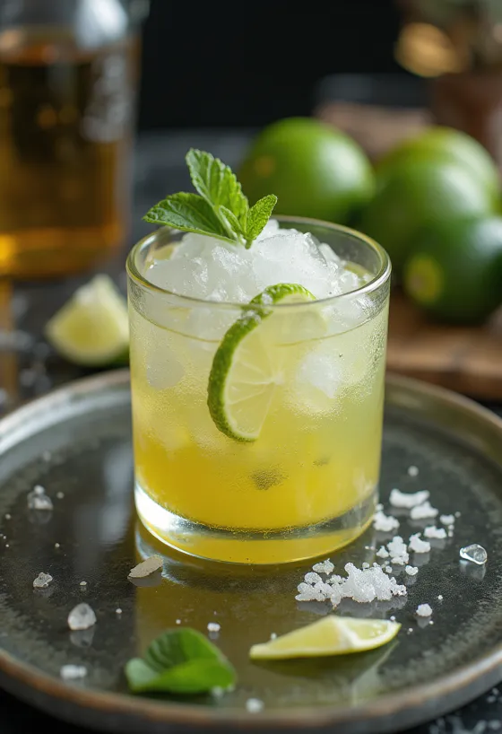 Cóctel Caipirinha con trozos de limón y hielo frappé