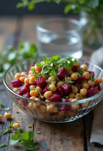 Ensalada de betabel y garbanzos, servida con arúgula fresca y nuez tostada.