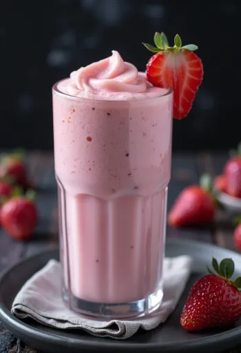 Malteada de fresa servida en vaso alto