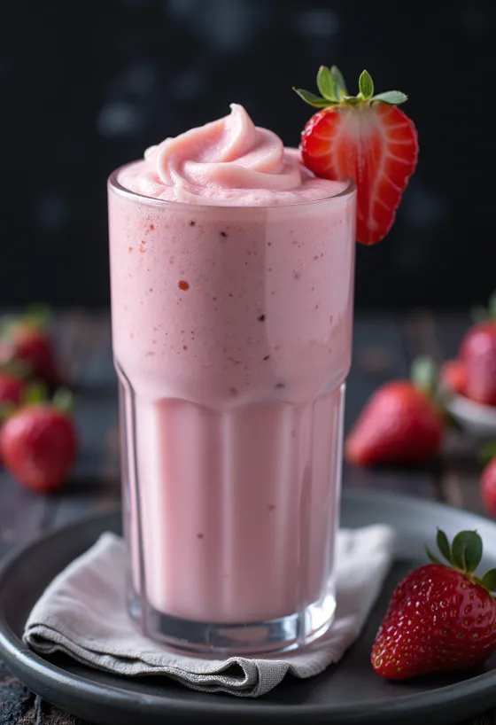 Malteada de fresa servida en vaso alto