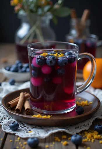 Sidra de canela y arándanos azules bebida reconfortante decorada con raja de canela y arándanos