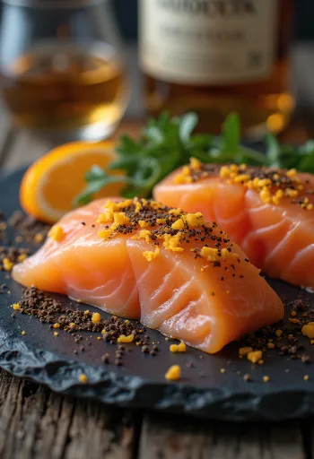 Gravlax con whisky, salmón marinado con cáscara de naranja rebanado y servido