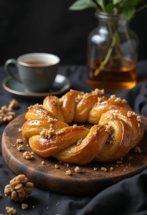 Kringle con masa sin gluten, con canela y nuez, servido con mermelada de chabacano