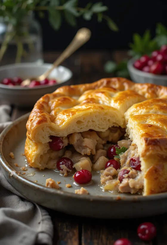 Pastel de perdiz y arándanos servido en un plato rústico con hojaldre dorado