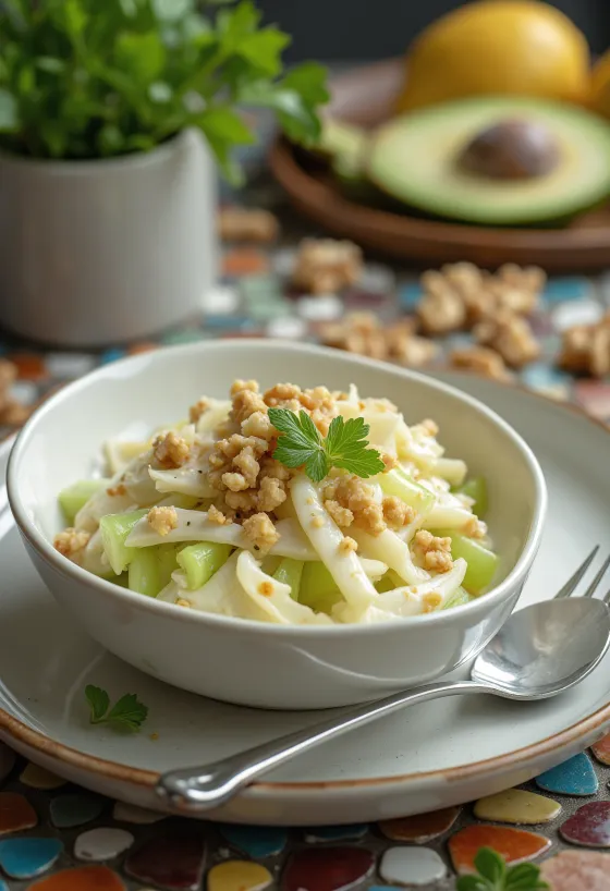 Ensalada cremosa de apio nabo crujiente servida