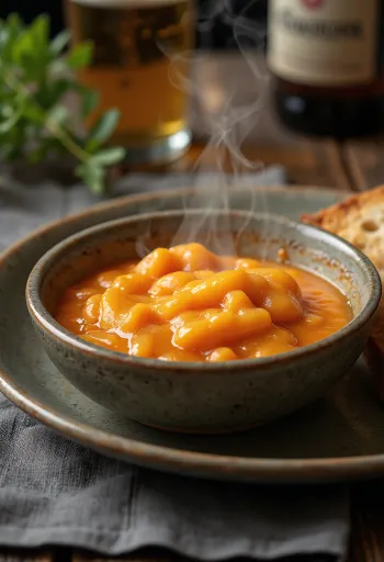Salsa de tomate con queso cheddar y cerveza servida caliente