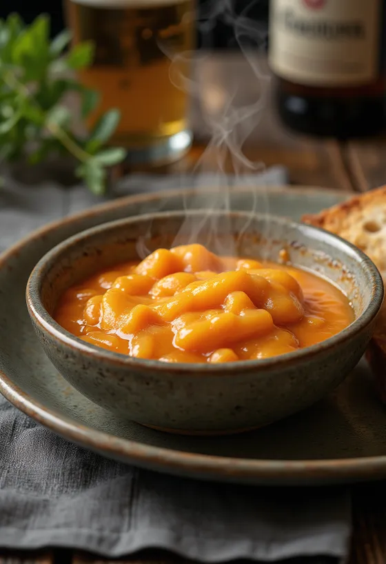 Salsa de tomate con queso cheddar y cerveza servida caliente