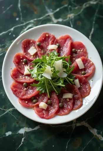 Carpaccio de venado decorado con arúgula y Parmesano