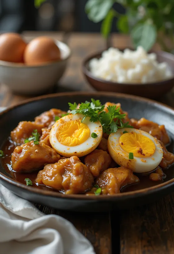 Adobo con huevo servido, pollo y huevo unidos como comida deliciosa.