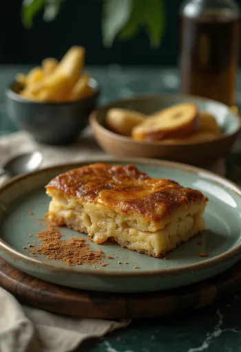 Rebanadas de Bánh chuối nướng servidas, pastel de plátano dorado al horno