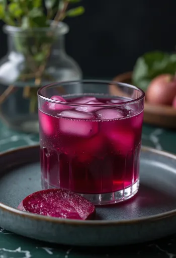 Jugo de betabel en vaso alto, decorado con verduras y frutas frescas