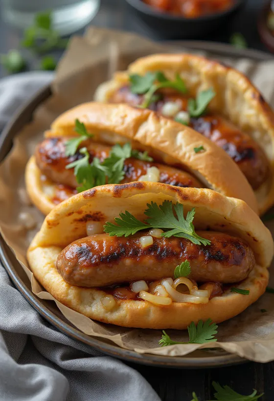 Cevapi en pan pita, recién asado y de un hermoso color dorado, servido en pan pita