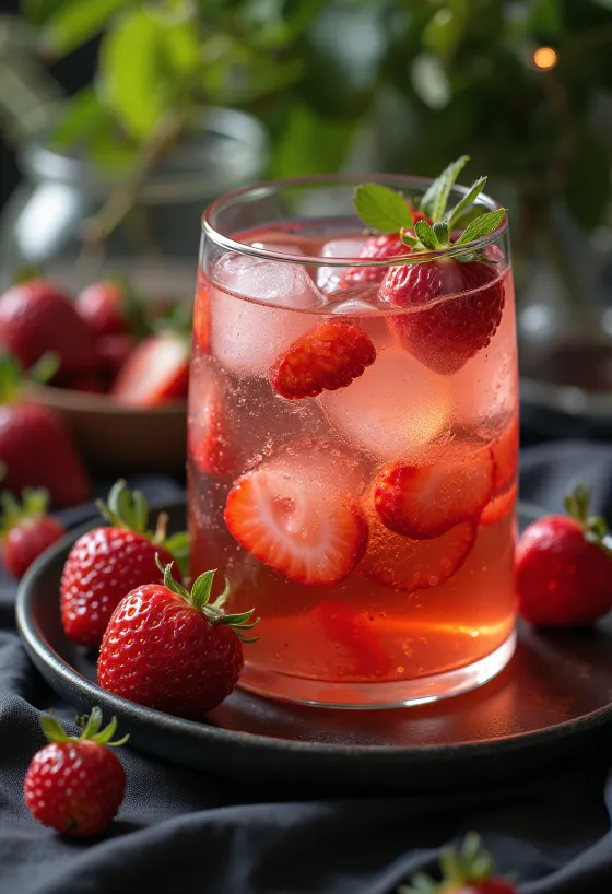 Sidra de fresa con albahaca servida en vasos de vidrio